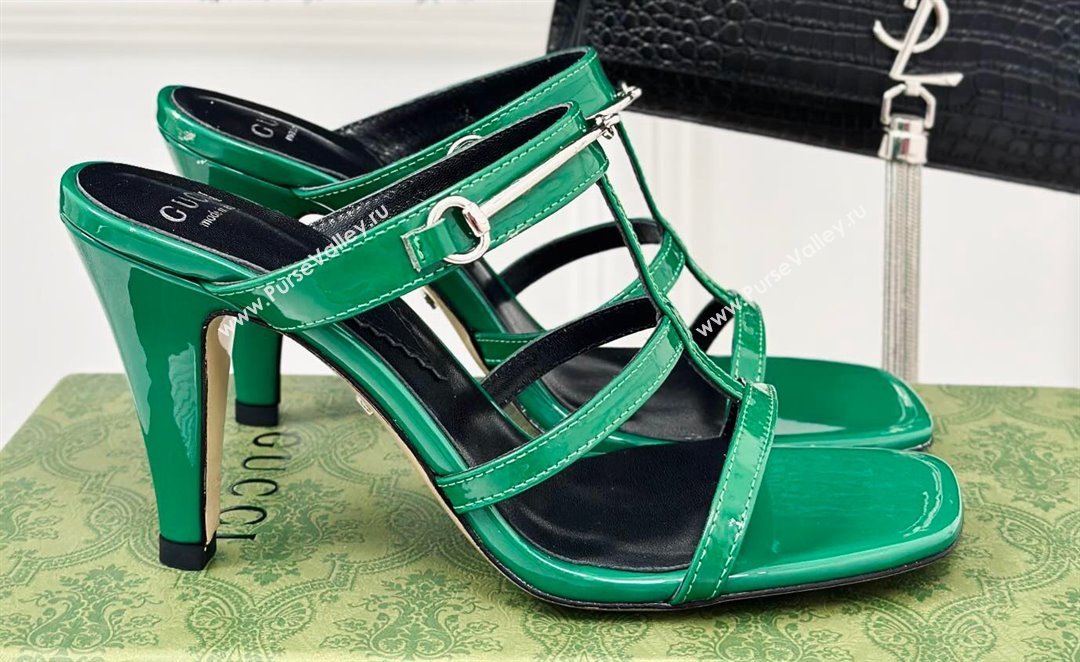 Gucci Heel 9.5cm slim Horsebit slide sandals 776643 Leather Green 2024 (modeng-24022213)