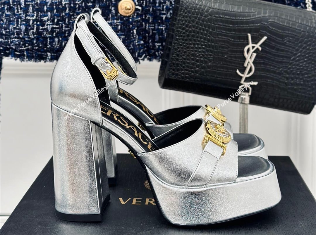 Versace Heel 12cm Platform 4cm Platform Medusa Buckle Sandals Metallic Silver 2024 (modeng-24022305)