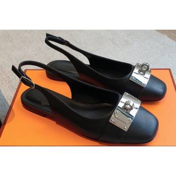 Hermes Innocente slingbacks Flats Black in goatskin with iconic oversized Kelly buckle 2024 (modeng-24022701)