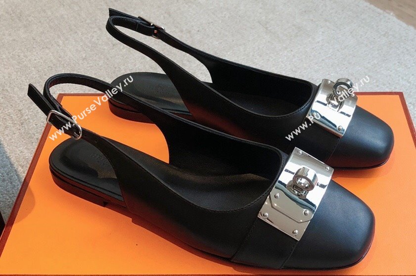 Hermes Innocente slingbacks Flats Black in goatskin with iconic oversized Kelly buckle 2024 (modeng-24022701)