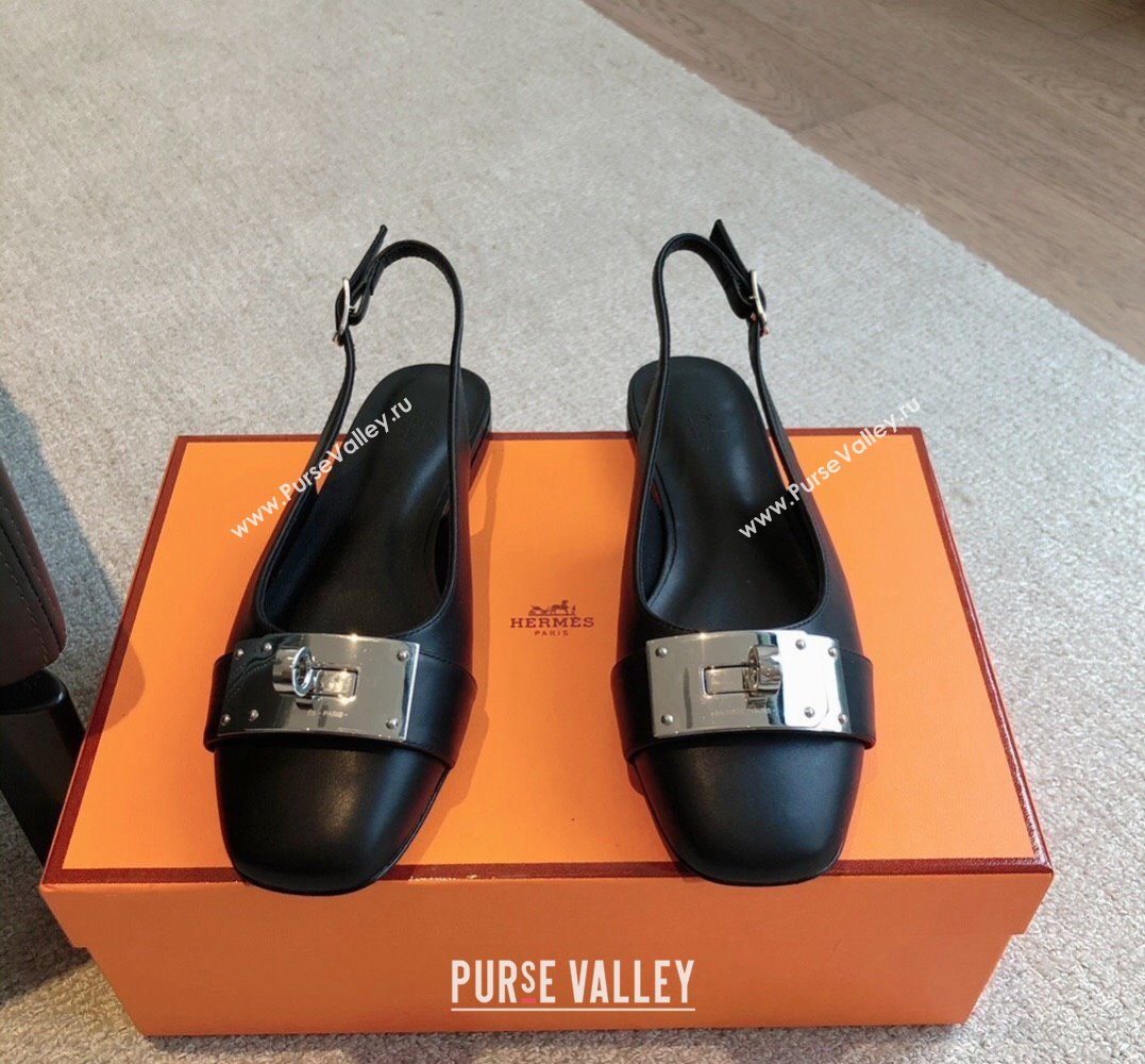 Hermes Innocente slingbacks Flats Black in goatskin with iconic oversized Kelly buckle 2024 (modeng-24022701)