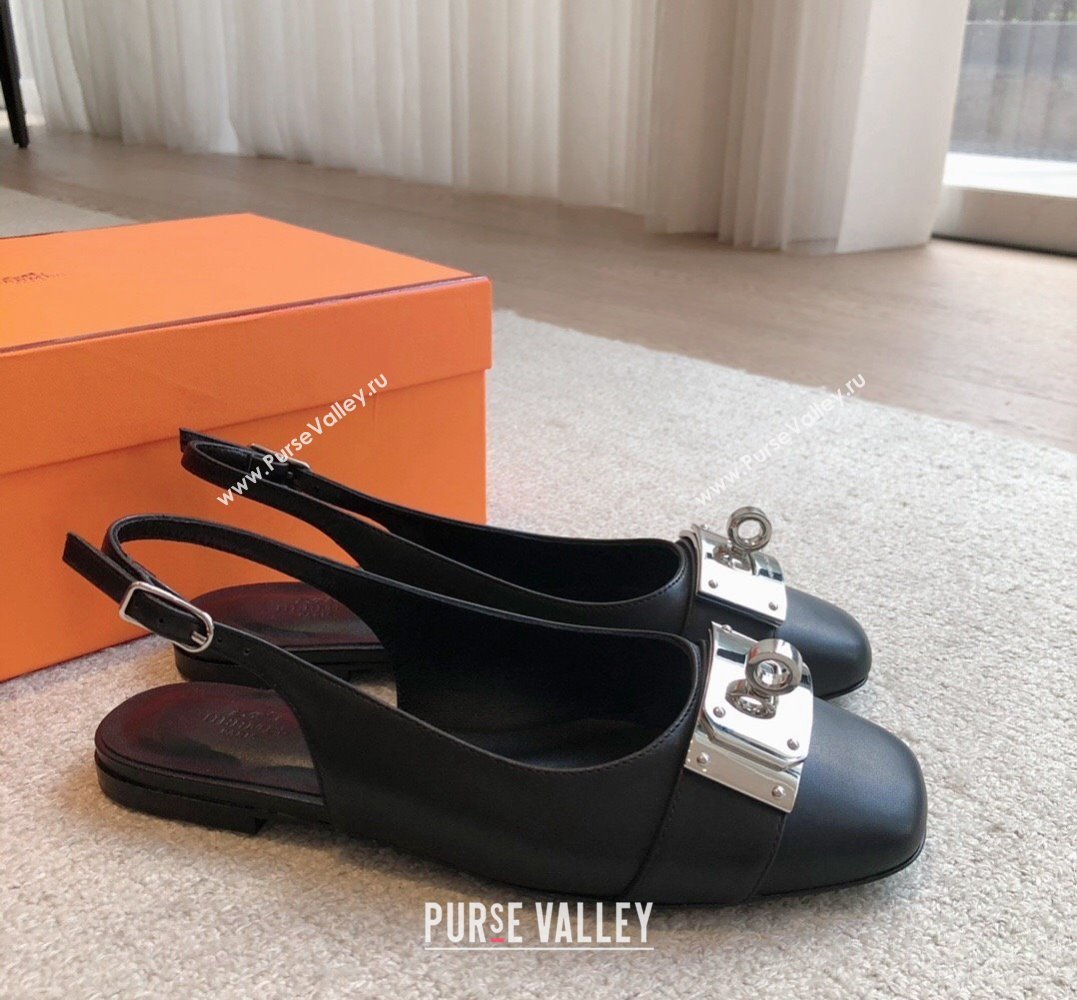 Hermes Innocente slingbacks Flats Black in goatskin with iconic oversized Kelly buckle 2024 (modeng-24022701)