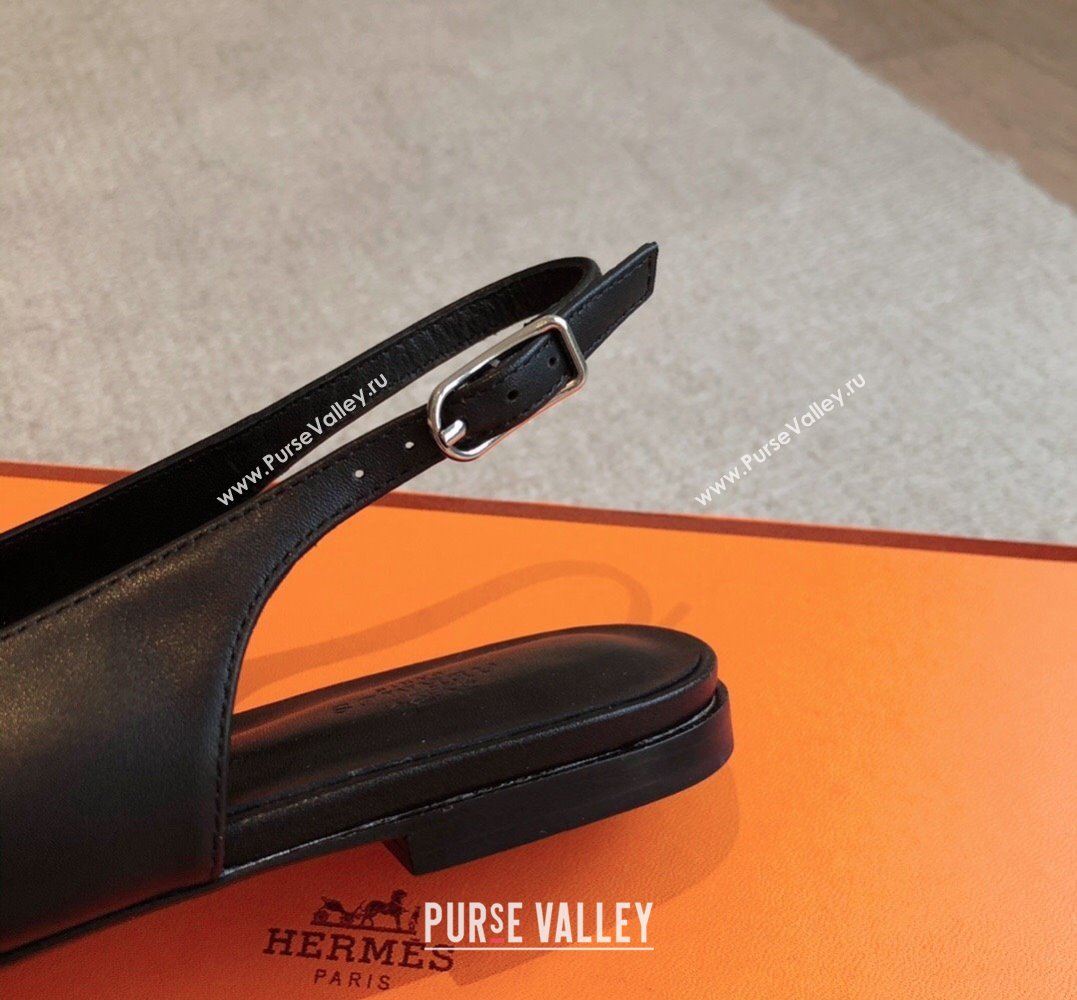 Hermes Innocente slingbacks Flats Black in goatskin with iconic oversized Kelly buckle 2024 (modeng-24022701)