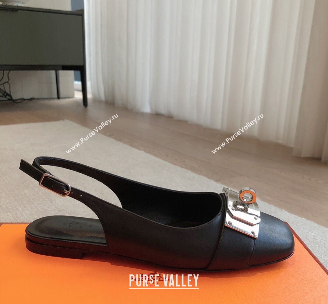 Hermes Innocente slingbacks Flats Black in goatskin with iconic oversized Kelly buckle 2024 (modeng-24022701)