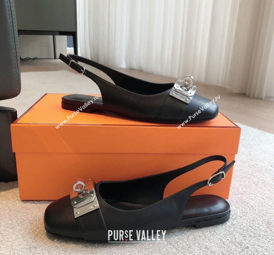 Hermes Innocente slingbacks Flats Black in goatskin with iconic oversized Kelly buckle 2024 (modeng-24022701)