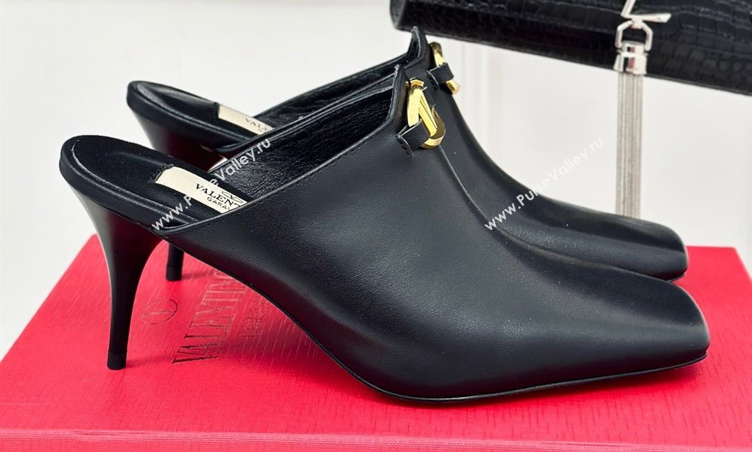 Valentino Heel 7.5cm The Bold Edition VLogo Mules Leather Black 2024 (modeng-24022201)