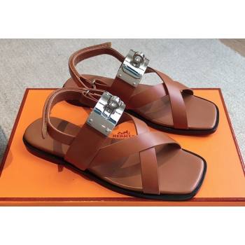 Hermes Ines sandals Brown in calfskin with iconic oversized Kelly buckle 2024 (modeng-24022606)