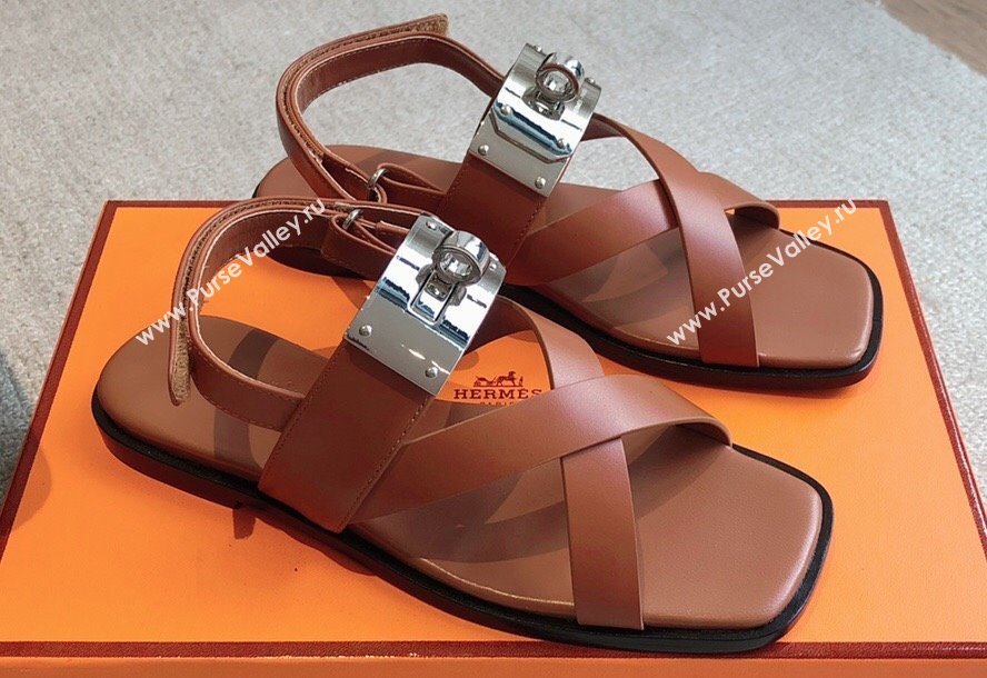 Hermes Ines sandals Brown in calfskin with iconic oversized Kelly buckle 2024 (modeng-24022606)