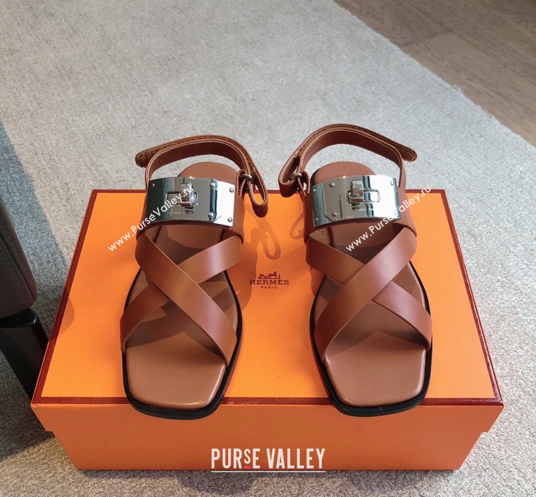 Hermes Ines sandals Brown in calfskin with iconic oversized Kelly buckle 2024 (modeng-24022606)