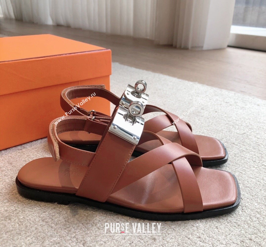 Hermes Ines sandals Brown in calfskin with iconic oversized Kelly buckle 2024 (modeng-24022606)