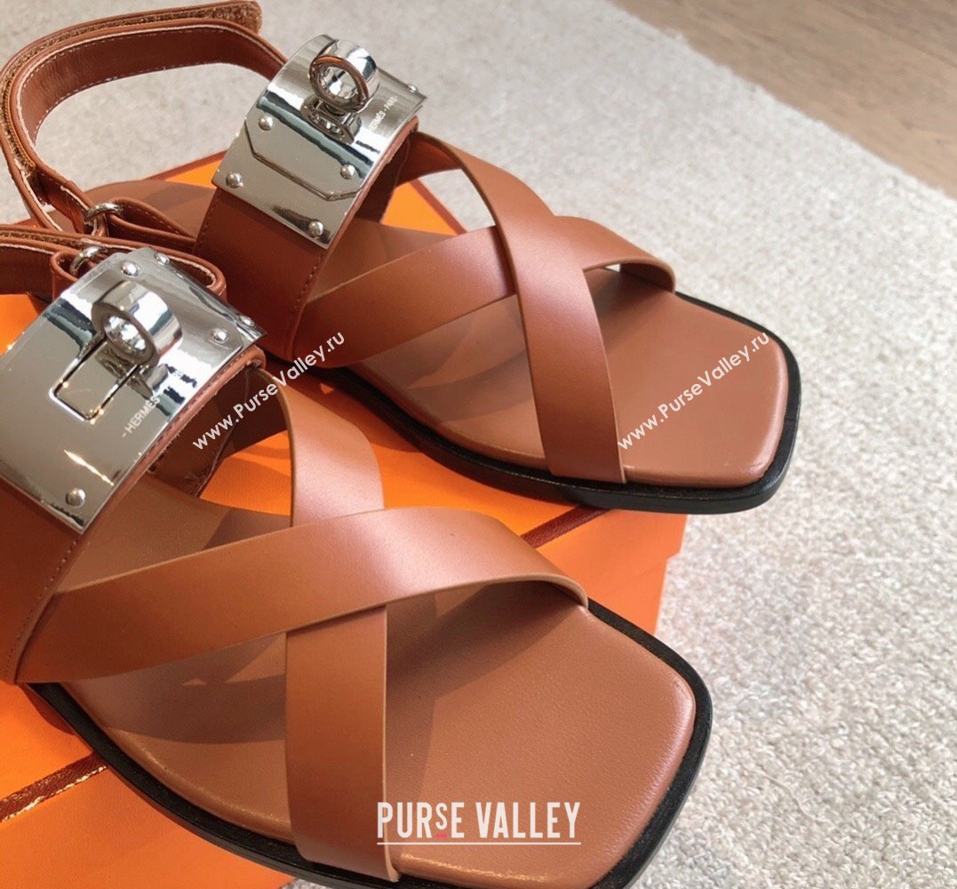 Hermes Ines sandals Brown in calfskin with iconic oversized Kelly buckle 2024 (modeng-24022606)