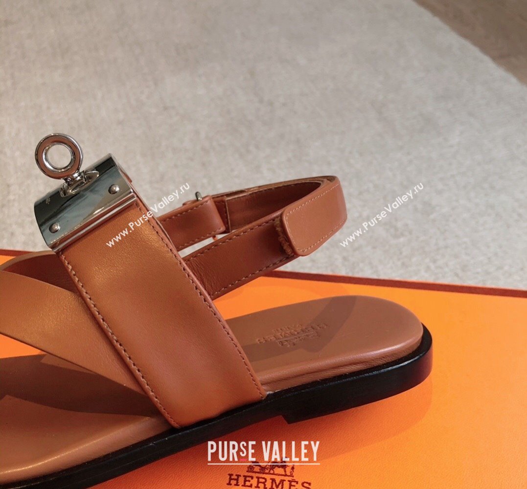 Hermes Ines sandals Brown in calfskin with iconic oversized Kelly buckle 2024 (modeng-24022606)