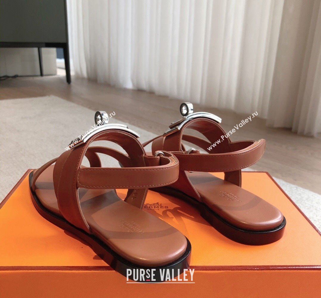 Hermes Ines sandals Brown in calfskin with iconic oversized Kelly buckle 2024 (modeng-24022606)