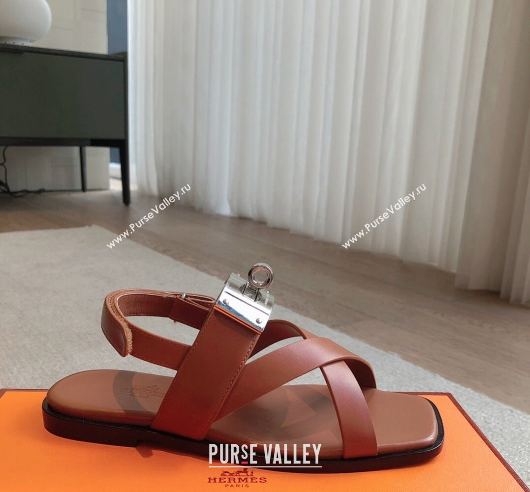 Hermes Ines sandals Brown in calfskin with iconic oversized Kelly buckle 2024 (modeng-24022606)