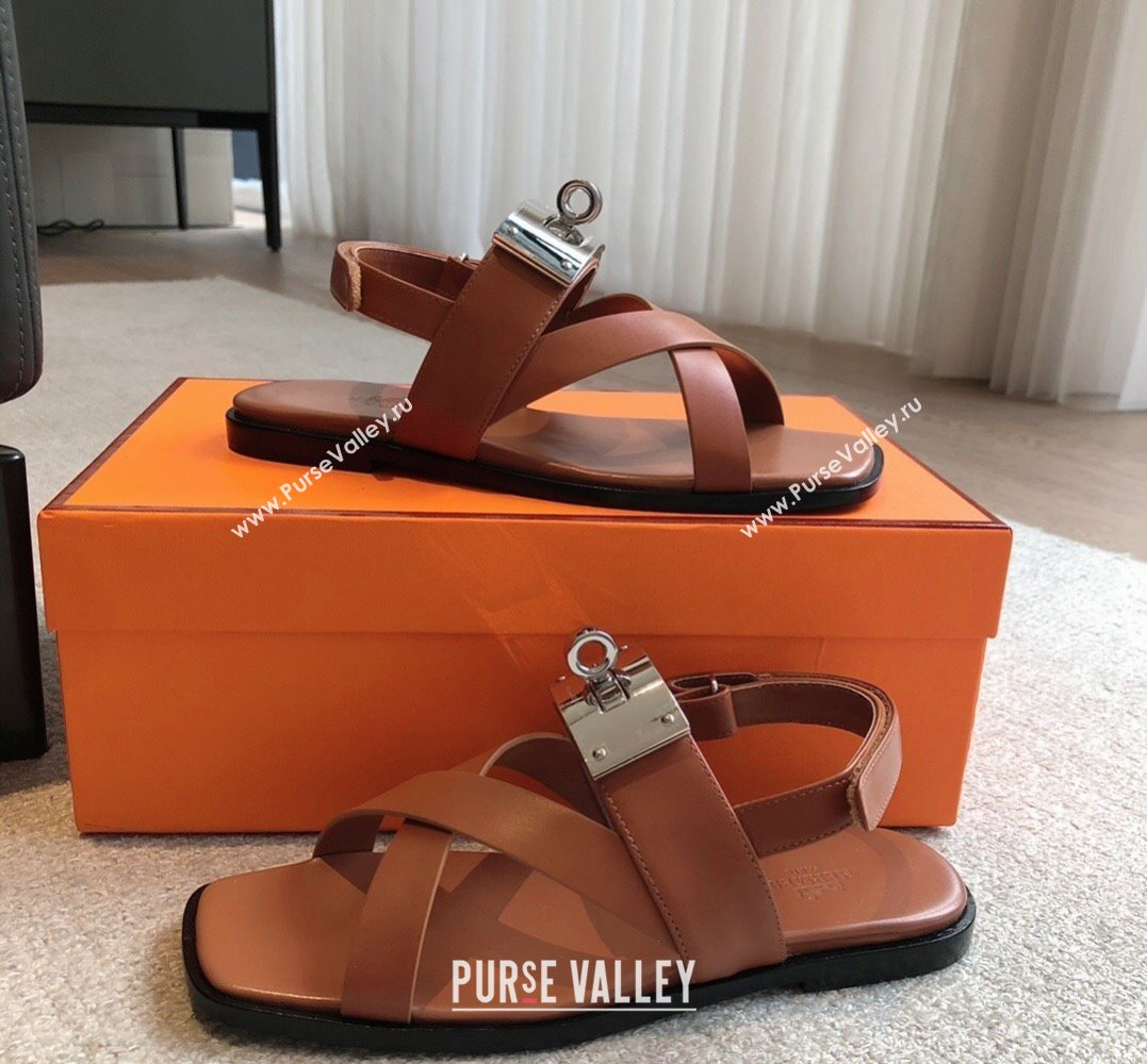 Hermes Ines sandals Brown in calfskin with iconic oversized Kelly buckle 2024 (modeng-24022606)