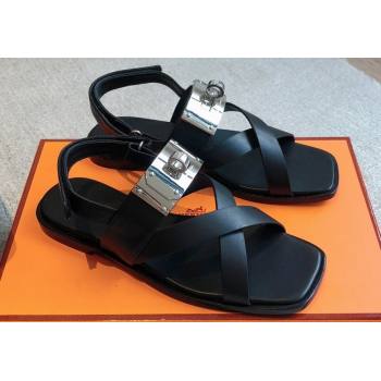 Hermes Ines sandals Black in calfskin with iconic oversized Kelly buckle 2024 (modeng-24022604)