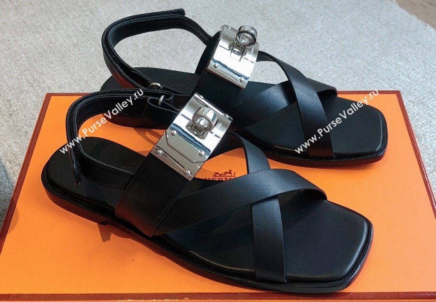 Hermes Ines sandals Black in calfskin with iconic oversized Kelly buckle 2024 (modeng-24022604)