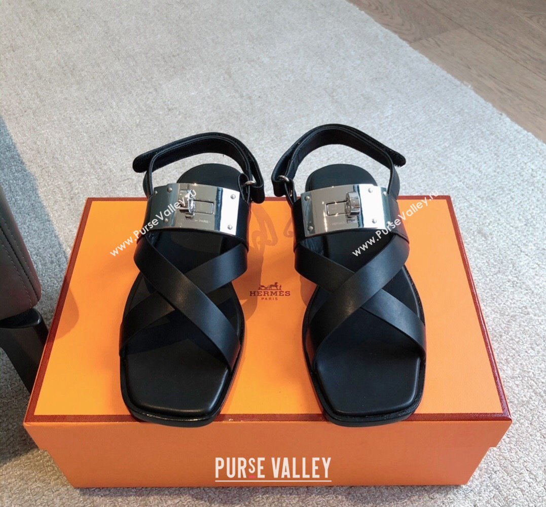 Hermes Ines sandals Black in calfskin with iconic oversized Kelly buckle 2024 (modeng-24022604)