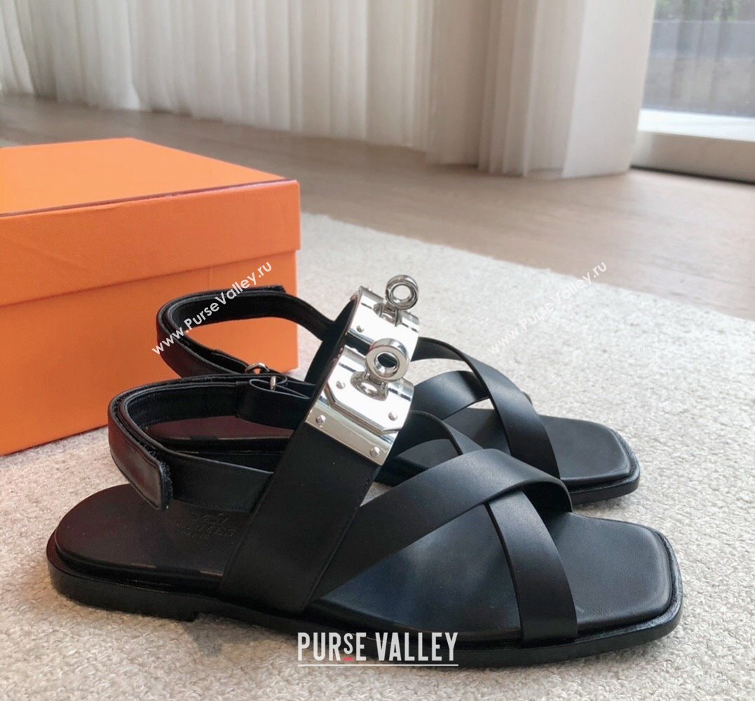 Hermes Ines sandals Black in calfskin with iconic oversized Kelly buckle 2024 (modeng-24022604)