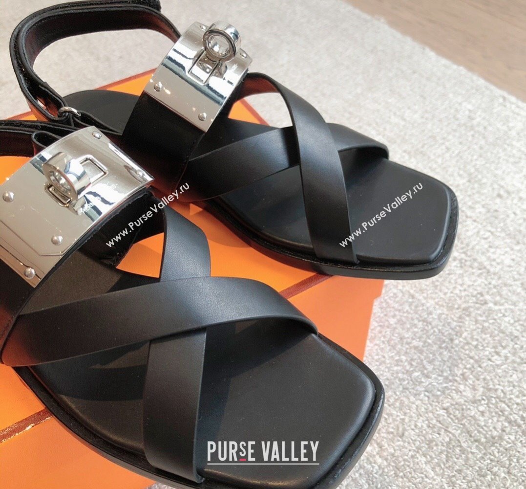 Hermes Ines sandals Black in calfskin with iconic oversized Kelly buckle 2024 (modeng-24022604)