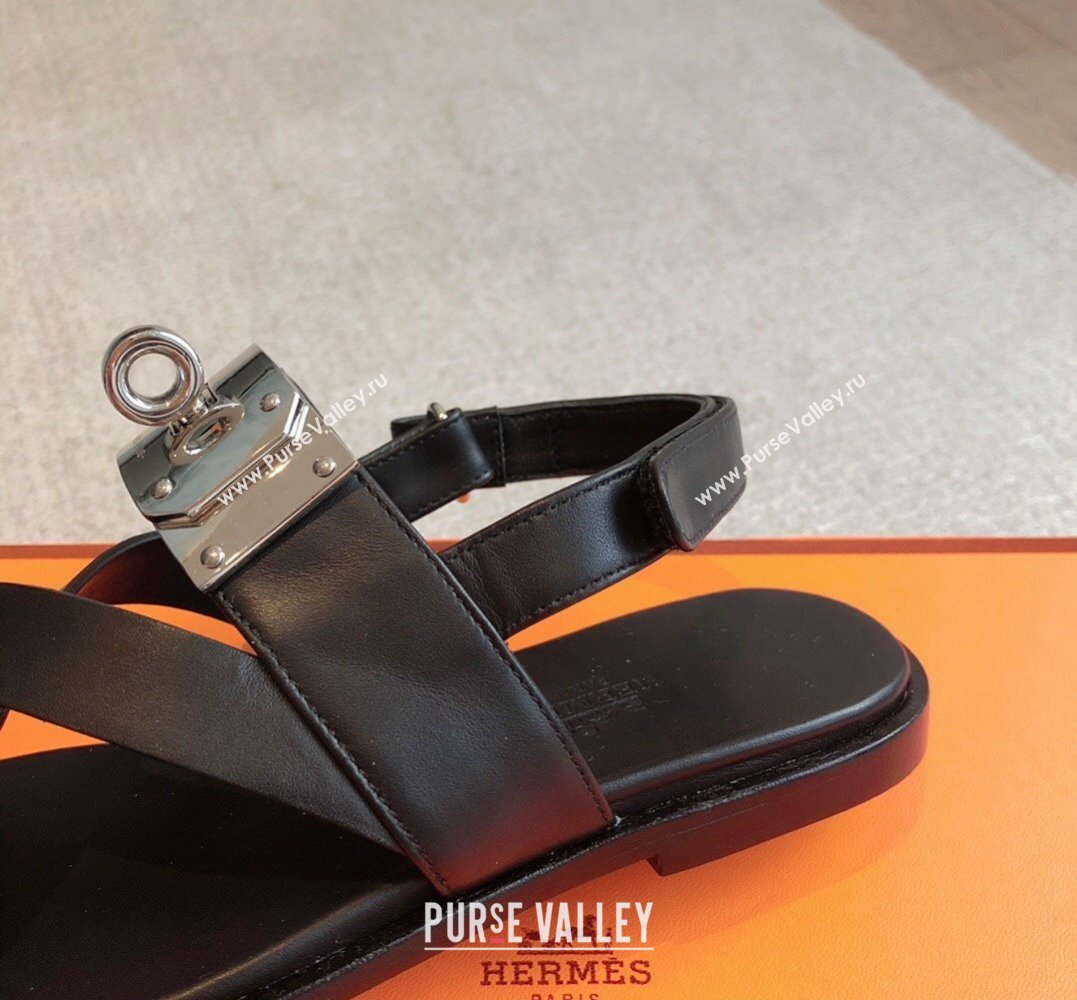 Hermes Ines sandals Black in calfskin with iconic oversized Kelly buckle 2024 (modeng-24022604)