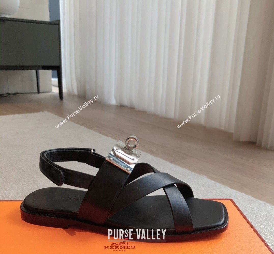 Hermes Ines sandals Black in calfskin with iconic oversized Kelly buckle 2024 (modeng-24022604)