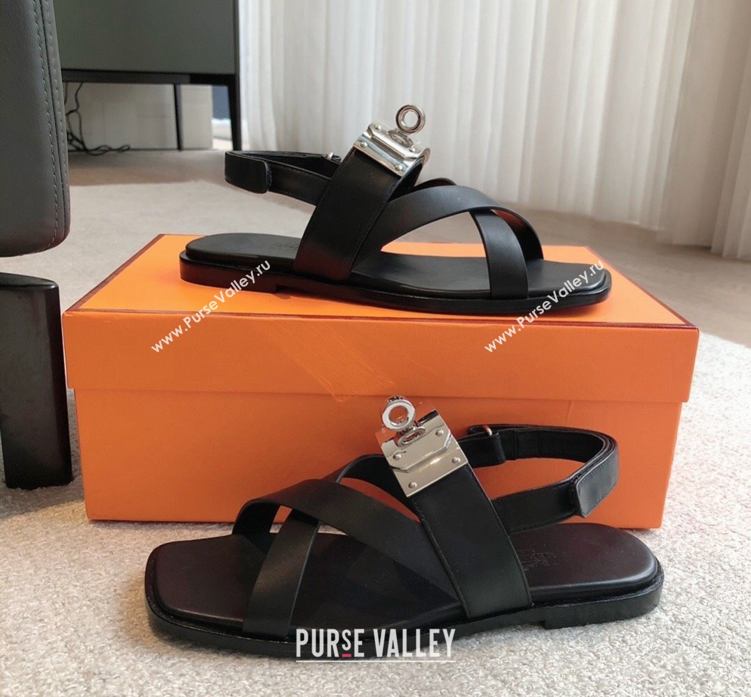 Hermes Ines sandals Black in calfskin with iconic oversized Kelly buckle 2024 (modeng-24022604)