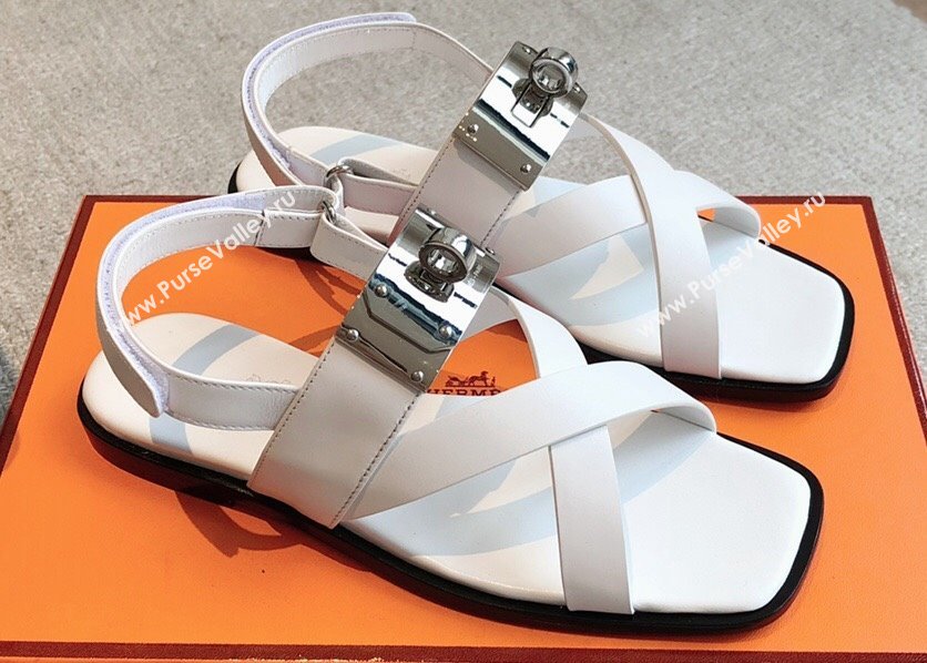 Hermes Ines sandals White in calfskin with iconic oversized Kelly buckle 2024 (modeng-24022605)