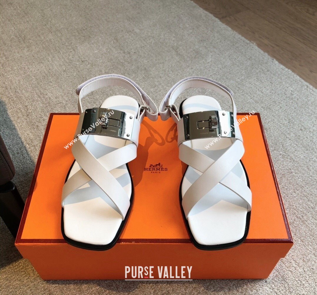 Hermes Ines sandals White in calfskin with iconic oversized Kelly buckle 2024 (modeng-24022605)