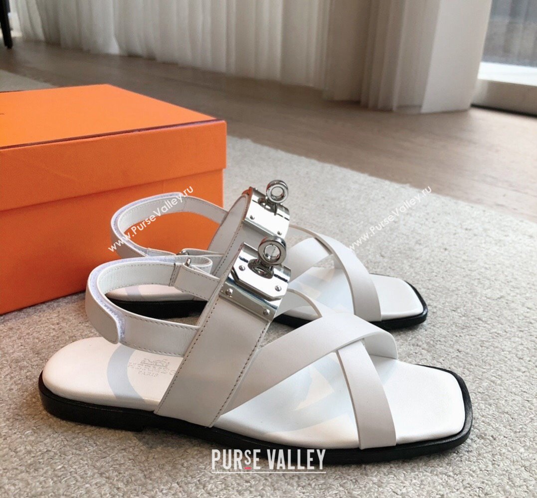 Hermes Ines sandals White in calfskin with iconic oversized Kelly buckle 2024 (modeng-24022605)