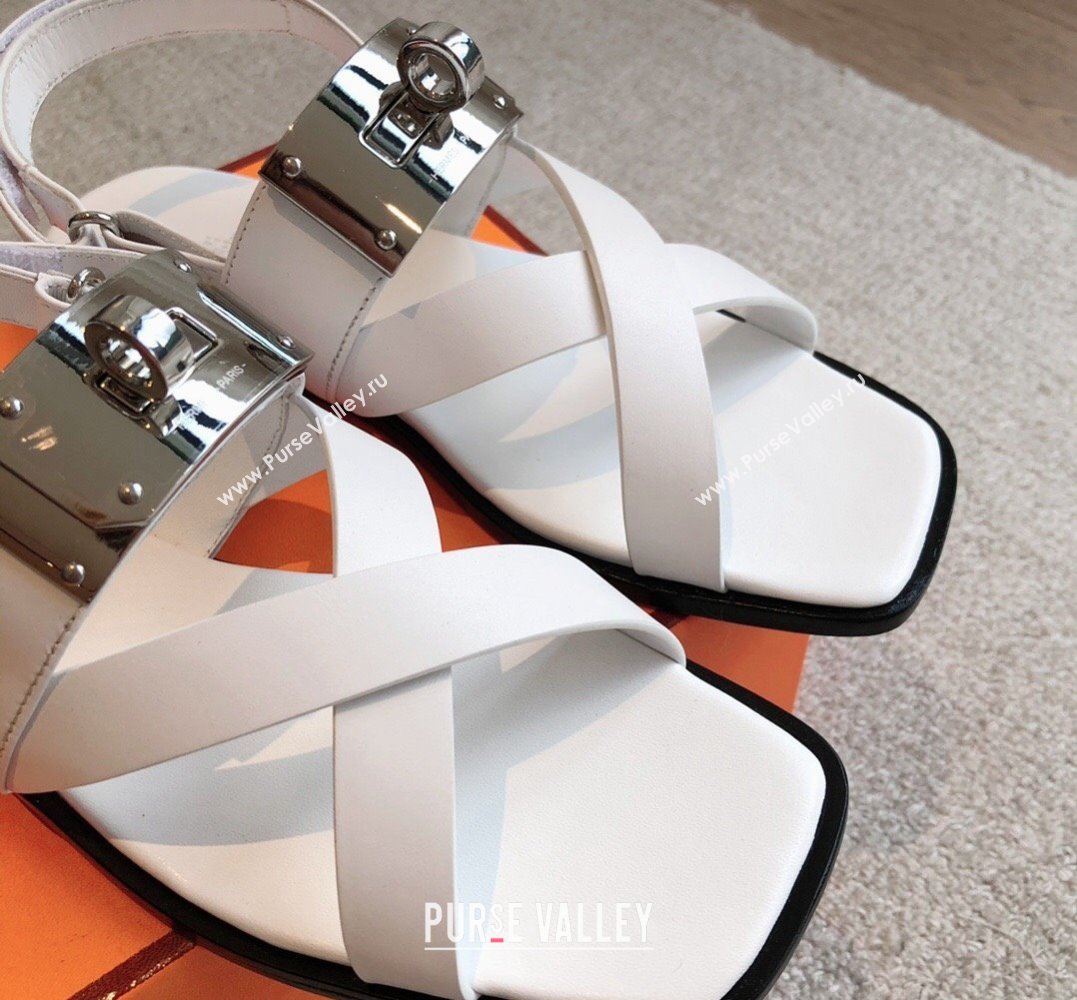 Hermes Ines sandals White in calfskin with iconic oversized Kelly buckle 2024 (modeng-24022605)