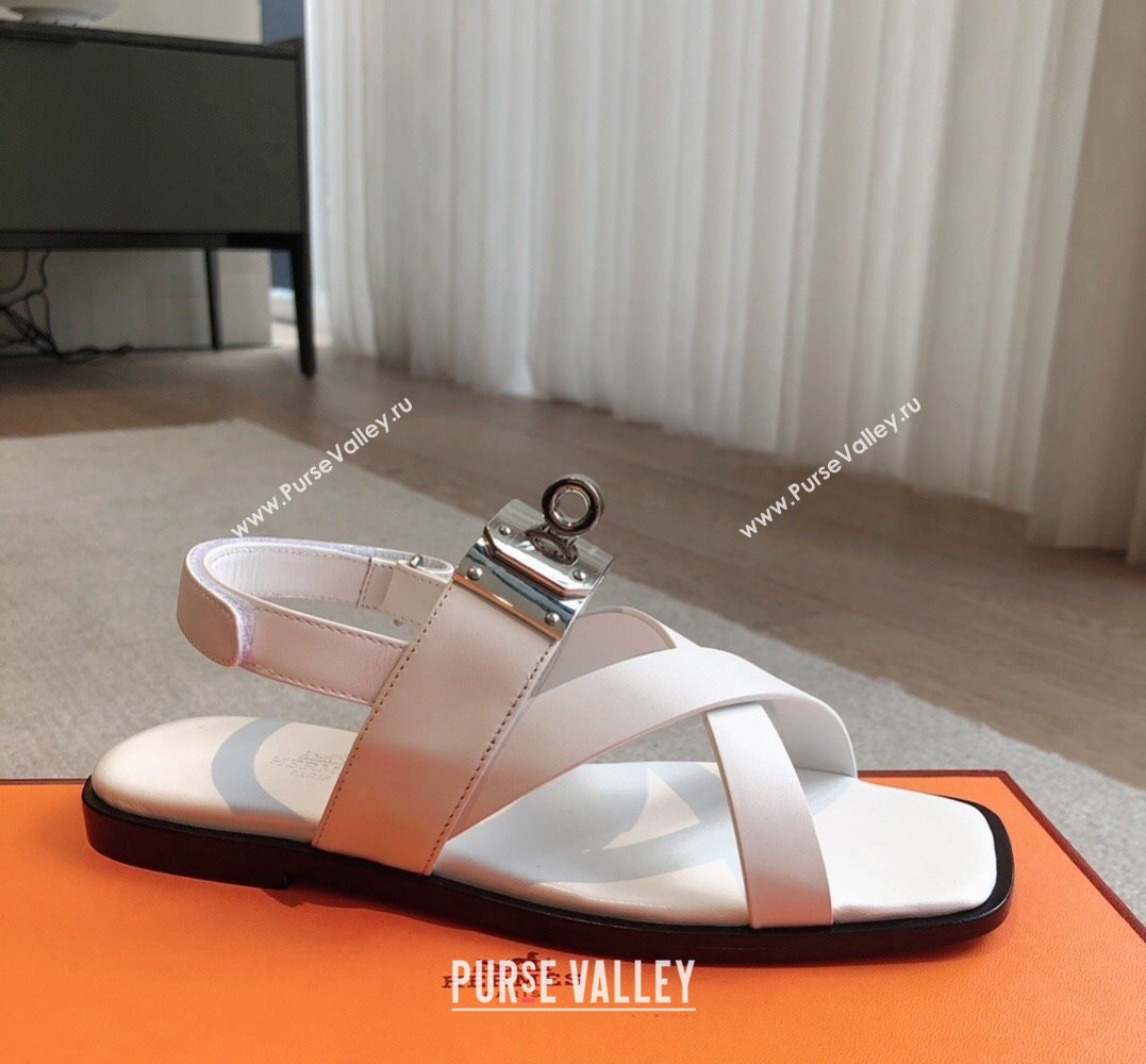 Hermes Ines sandals White in calfskin with iconic oversized Kelly buckle 2024 (modeng-24022605)