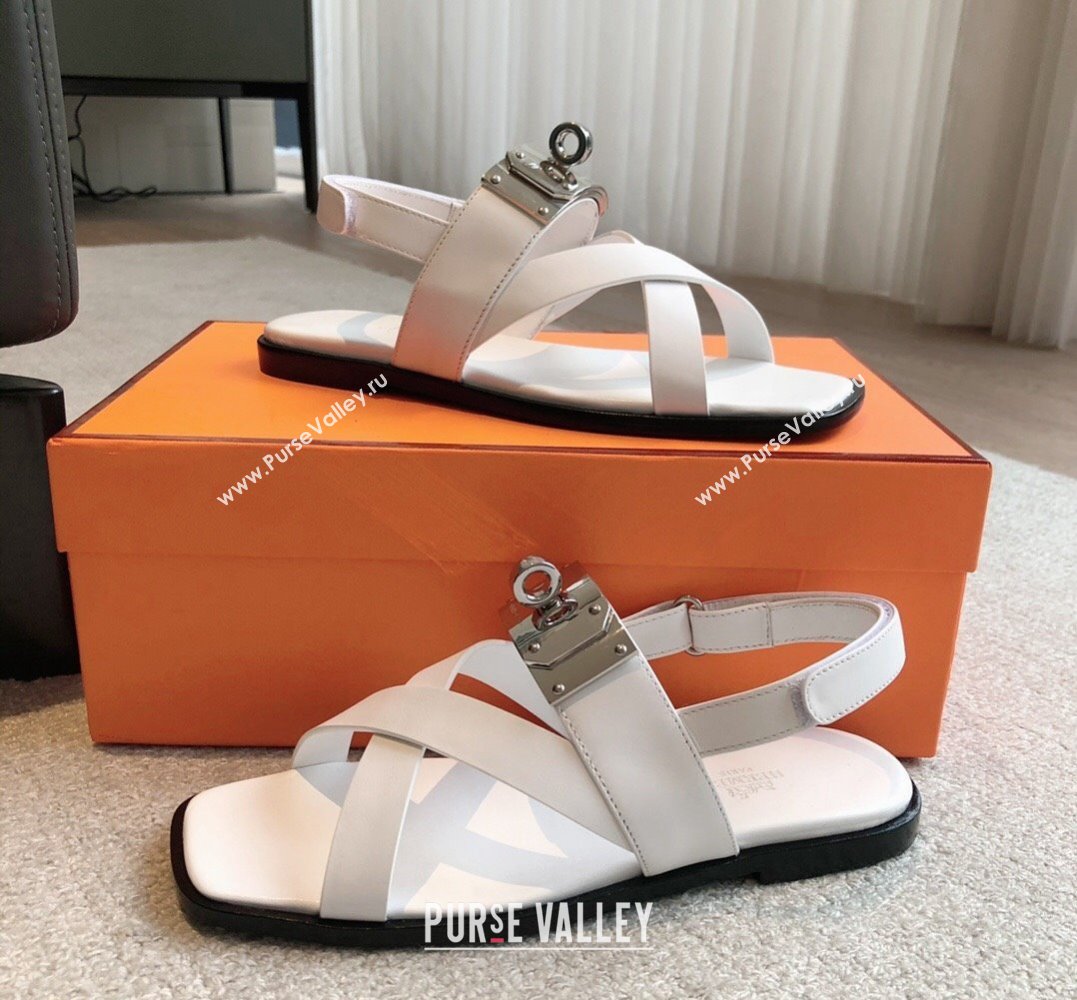 Hermes Ines sandals White in calfskin with iconic oversized Kelly buckle 2024 (modeng-24022605)