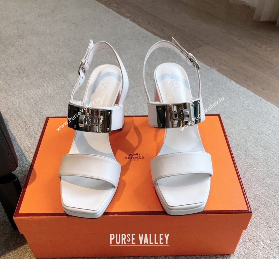 Hermes Heel sandals White in calfskin with iconic oversized Kelly buckle 2024 (modeng-24022602)