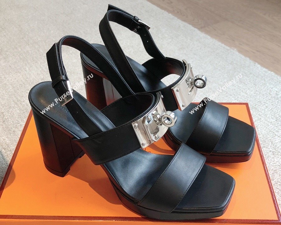 Hermes Heel sandals Black in calfskin with iconic oversized Kelly buckle 2024 (modeng-24022601)