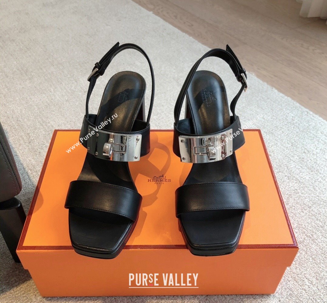 Hermes Heel sandals Black in calfskin with iconic oversized Kelly buckle 2024 (modeng-24022601)