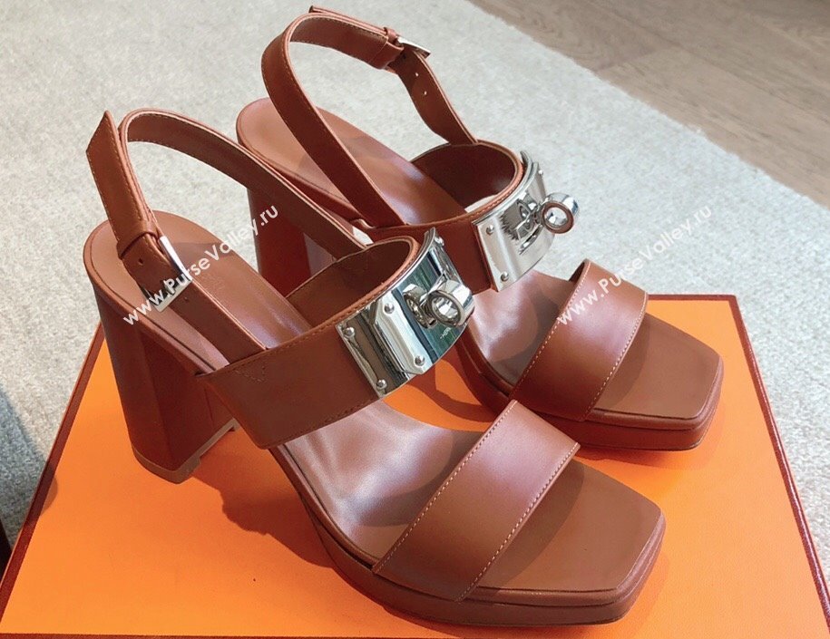 Hermes Heel sandals Brown in calfskin with iconic oversized Kelly buckle 2024 (modeng-24022603)