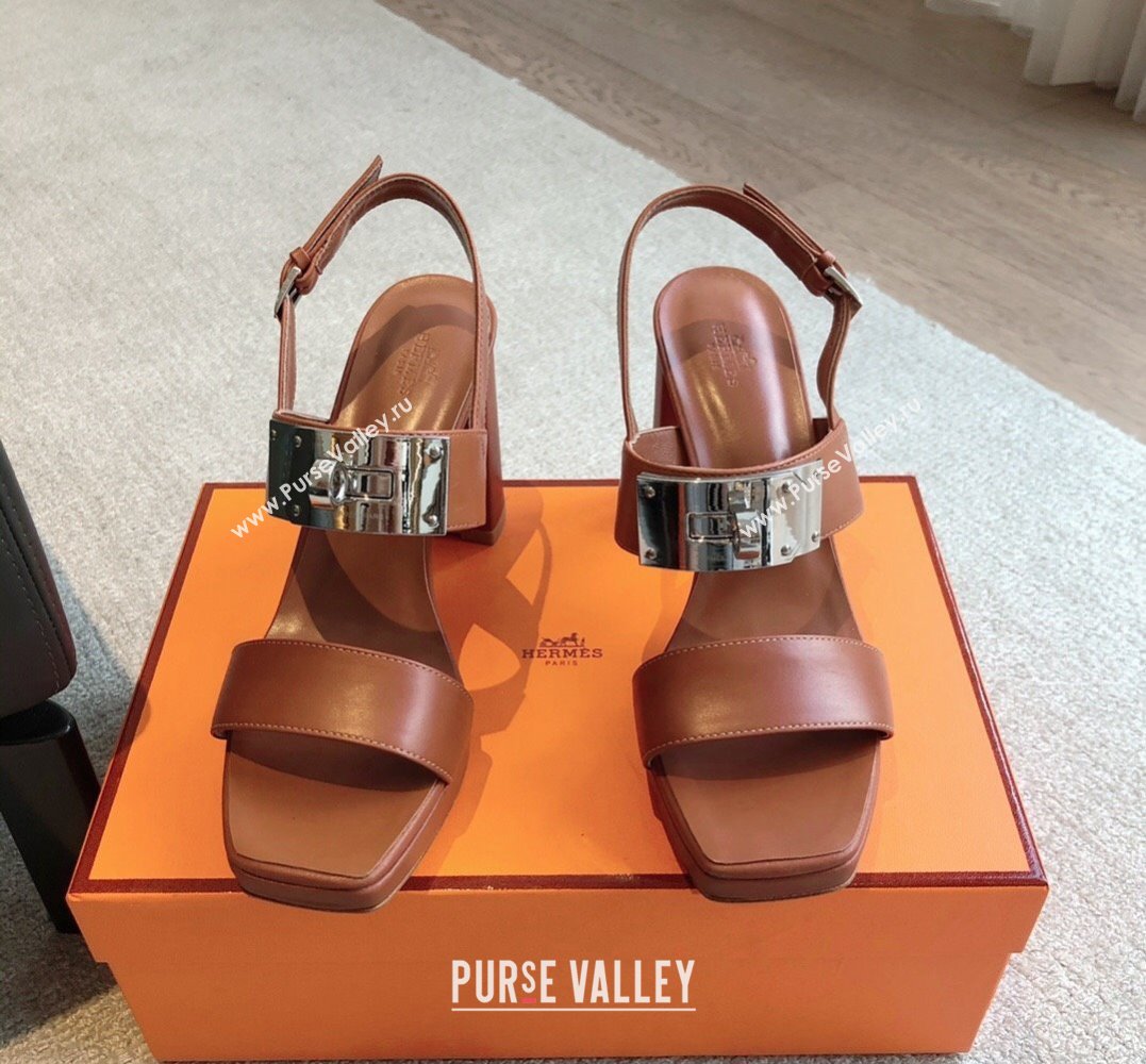 Hermes Heel sandals Brown in calfskin with iconic oversized Kelly buckle 2024 (modeng-24022603)