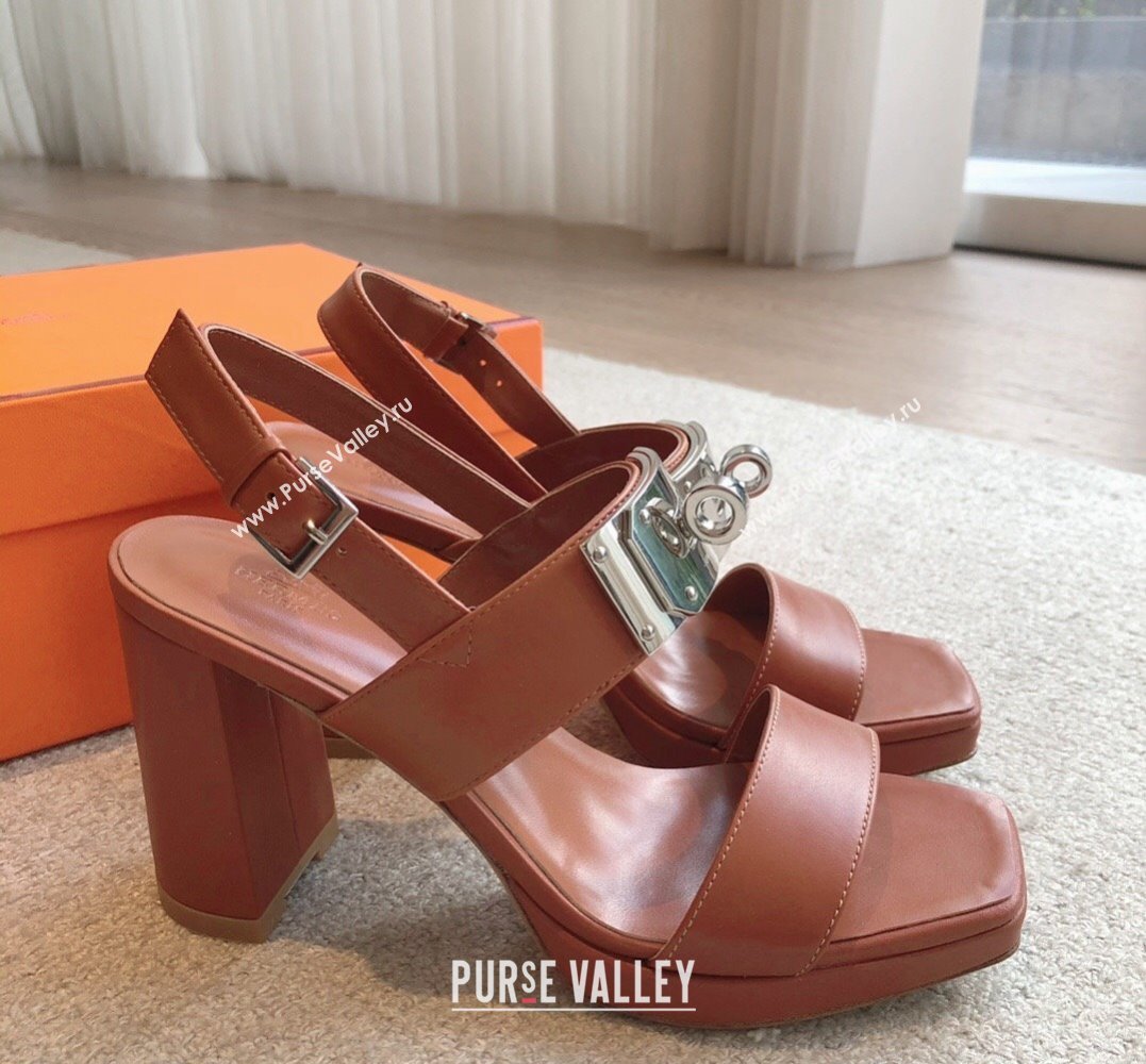 Hermes Heel sandals Brown in calfskin with iconic oversized Kelly buckle 2024 (modeng-24022603)