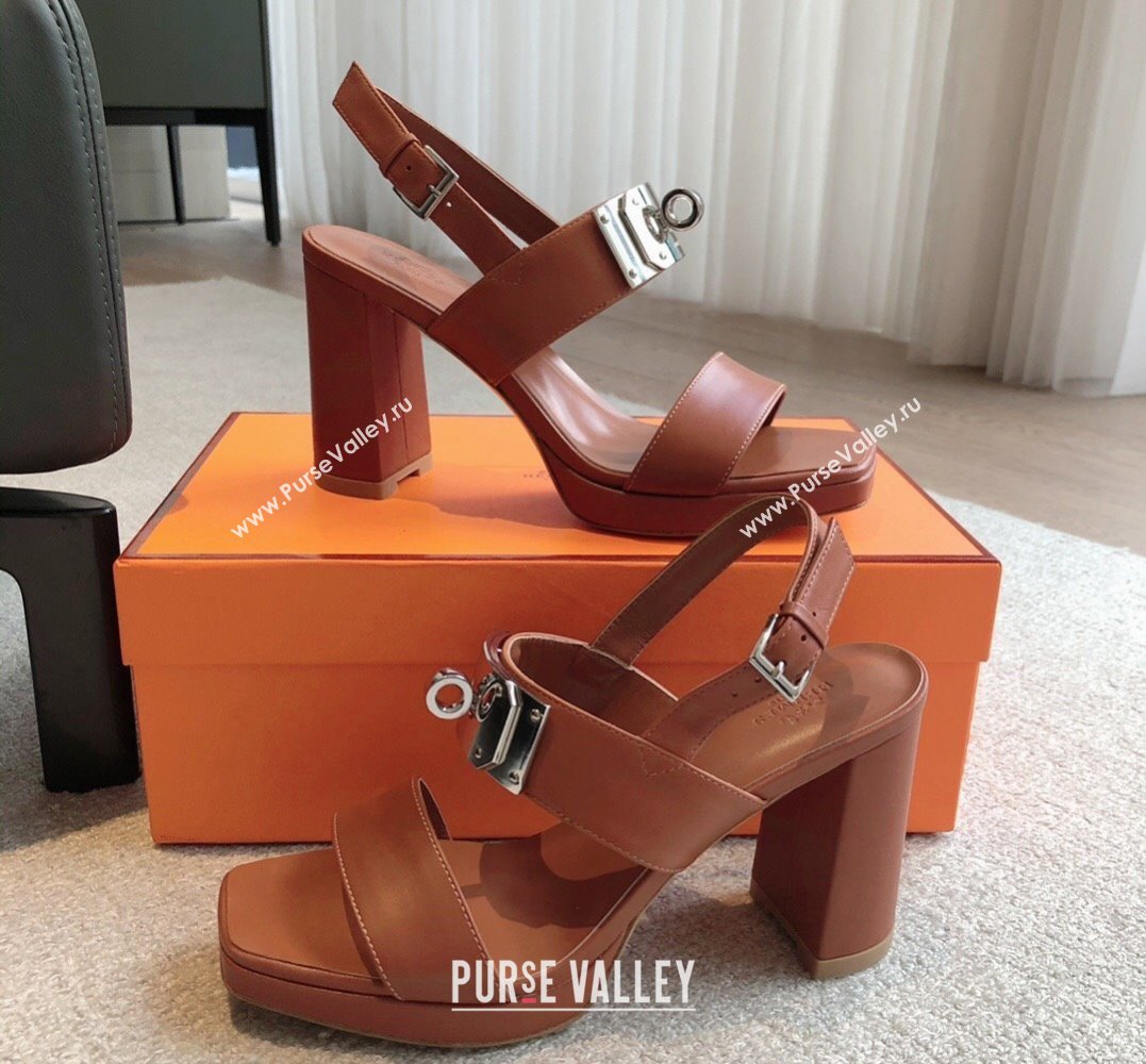 Hermes Heel sandals Brown in calfskin with iconic oversized Kelly buckle 2024 (modeng-24022603)