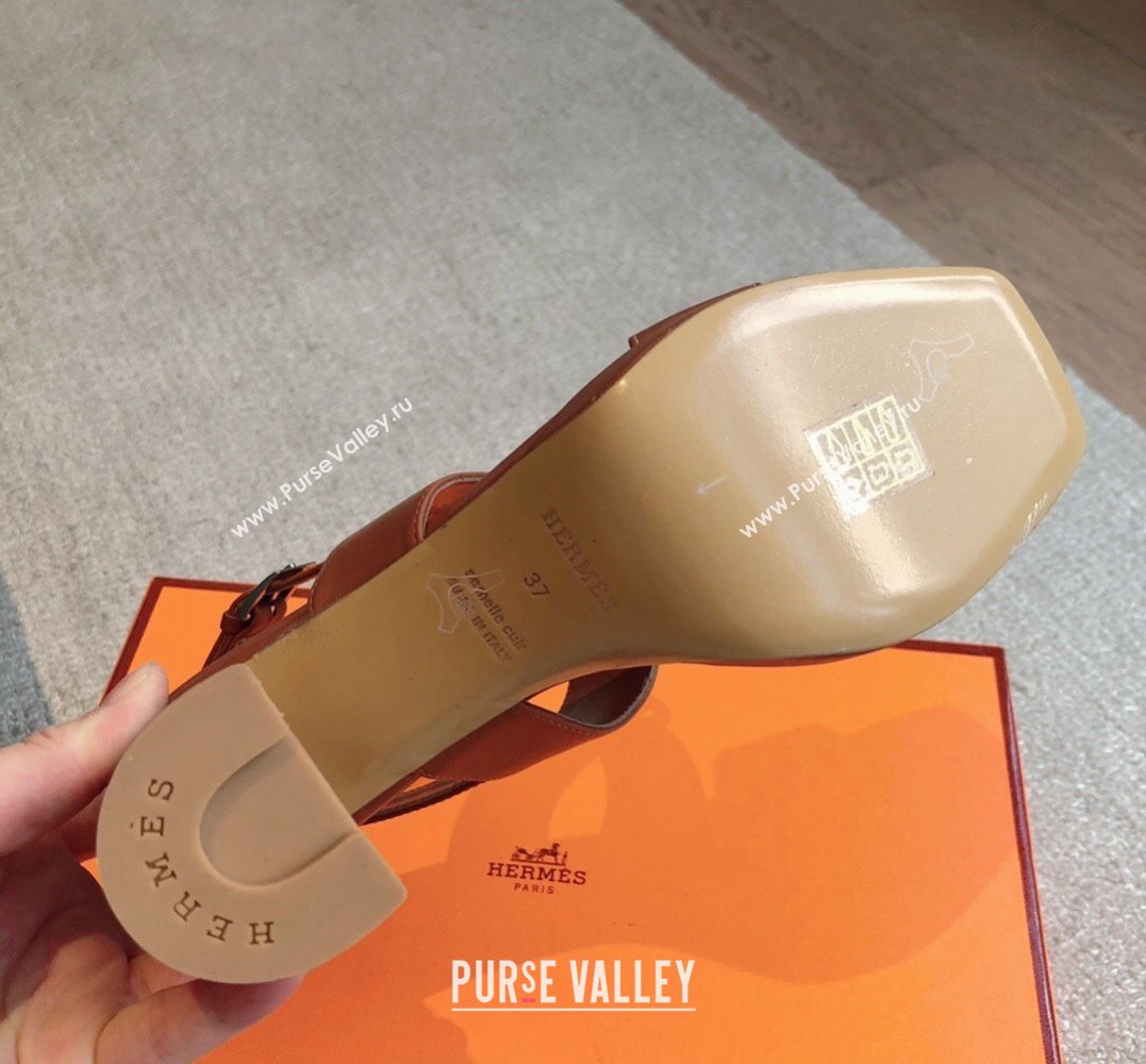 Hermes Heel sandals Brown in calfskin with iconic oversized Kelly buckle 2024 (modeng-24022603)