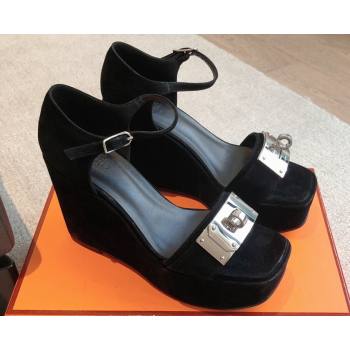 Hermes Hilda 80 sandals Black in suede goatskin with iconic oversized Kelly buckle 2024 (modeng-24022613)