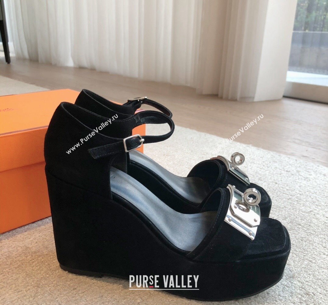 Hermes Hilda 80 sandals Black in suede goatskin with iconic oversized Kelly buckle 2024 (modeng-24022613)