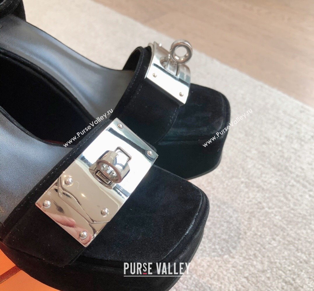 Hermes Hilda 80 sandals Black in suede goatskin with iconic oversized Kelly buckle 2024 (modeng-24022613)