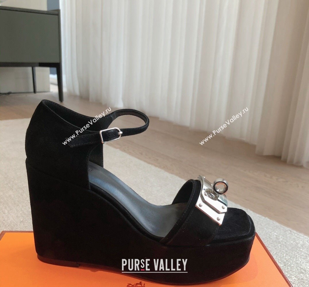 Hermes Hilda 80 sandals Black in suede goatskin with iconic oversized Kelly buckle 2024 (modeng-24022613)