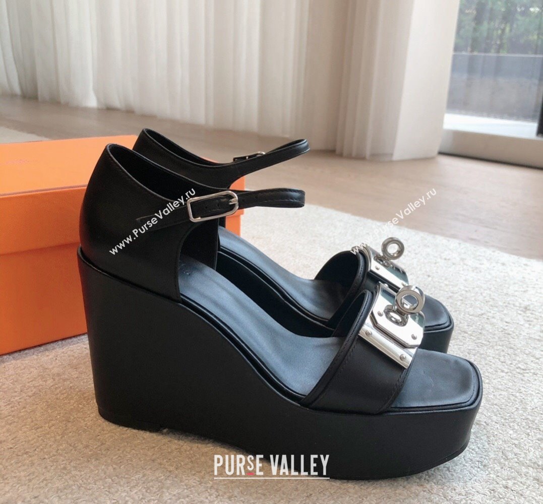 Hermes Hilda 80 sandals Black in calfskin with iconic oversized Kelly buckle 2024 (modeng-24022610)