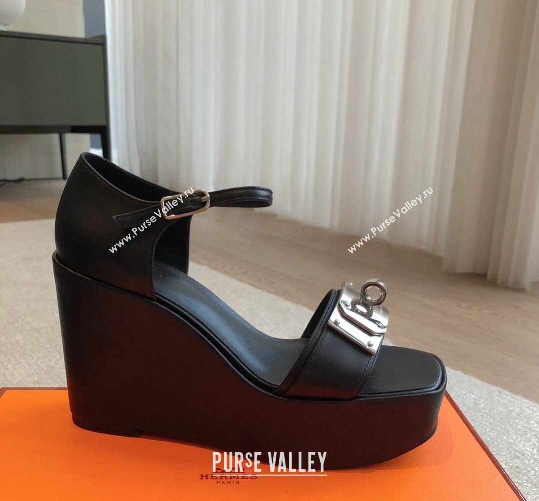 Hermes Hilda 80 sandals Black in calfskin with iconic oversized Kelly buckle 2024 (modeng-24022610)