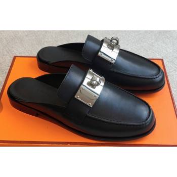 Hermes Iota mules Black in calfskin with iconic oversized Kelly buckle 2024 (modeng-24022621)