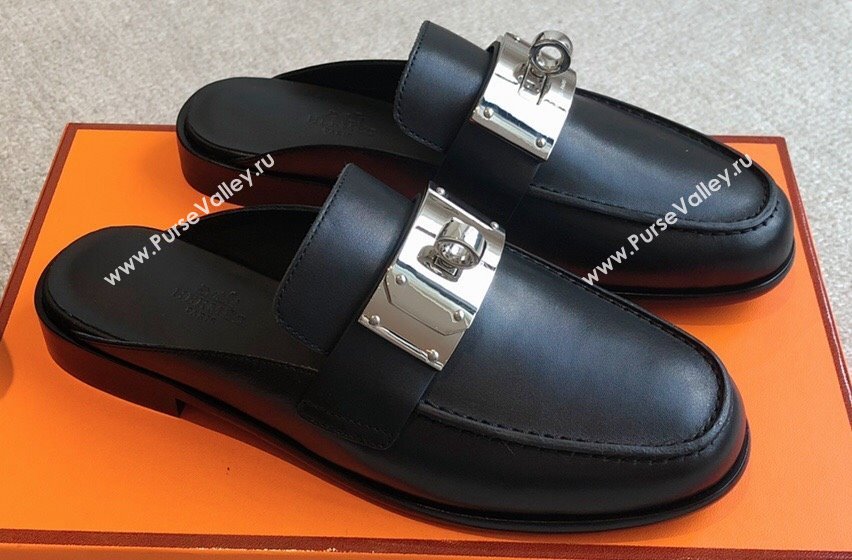 Hermes Iota mules Black in calfskin with iconic oversized Kelly buckle 2024 (modeng-24022621)