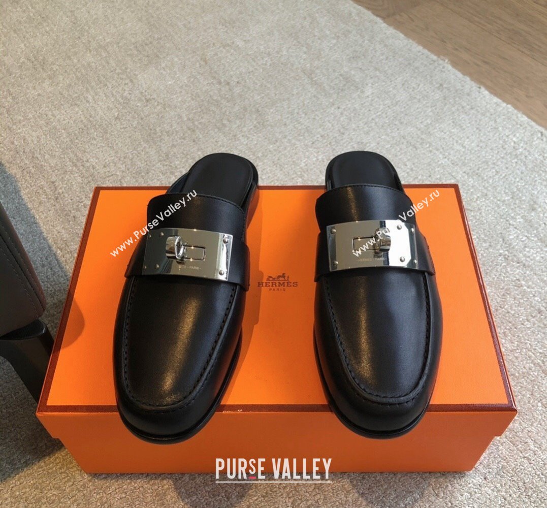 Hermes Iota mules Black in calfskin with iconic oversized Kelly buckle 2024 (modeng-24022621)